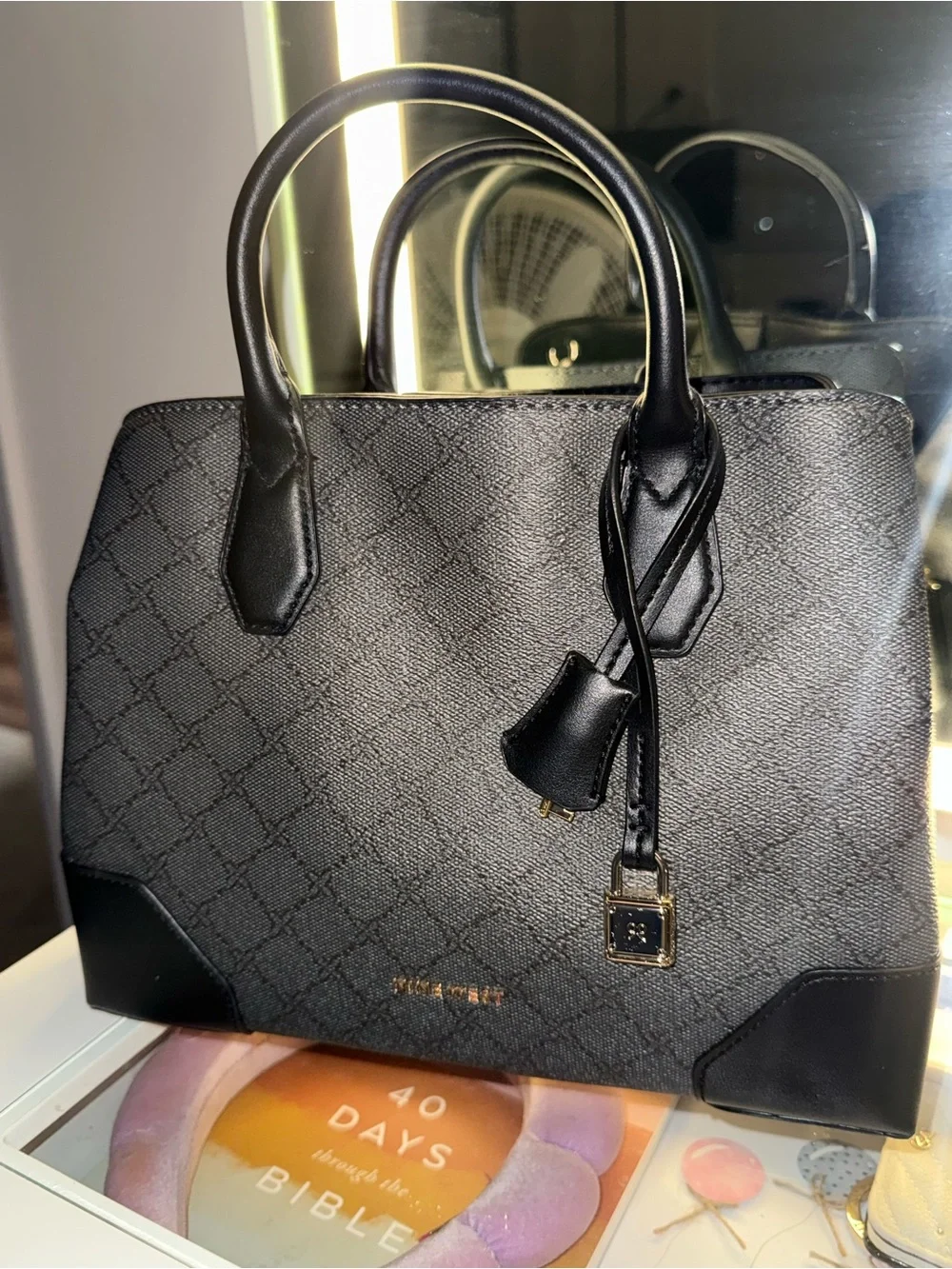 Nine West Black Quilted Satchel with Gold Accent